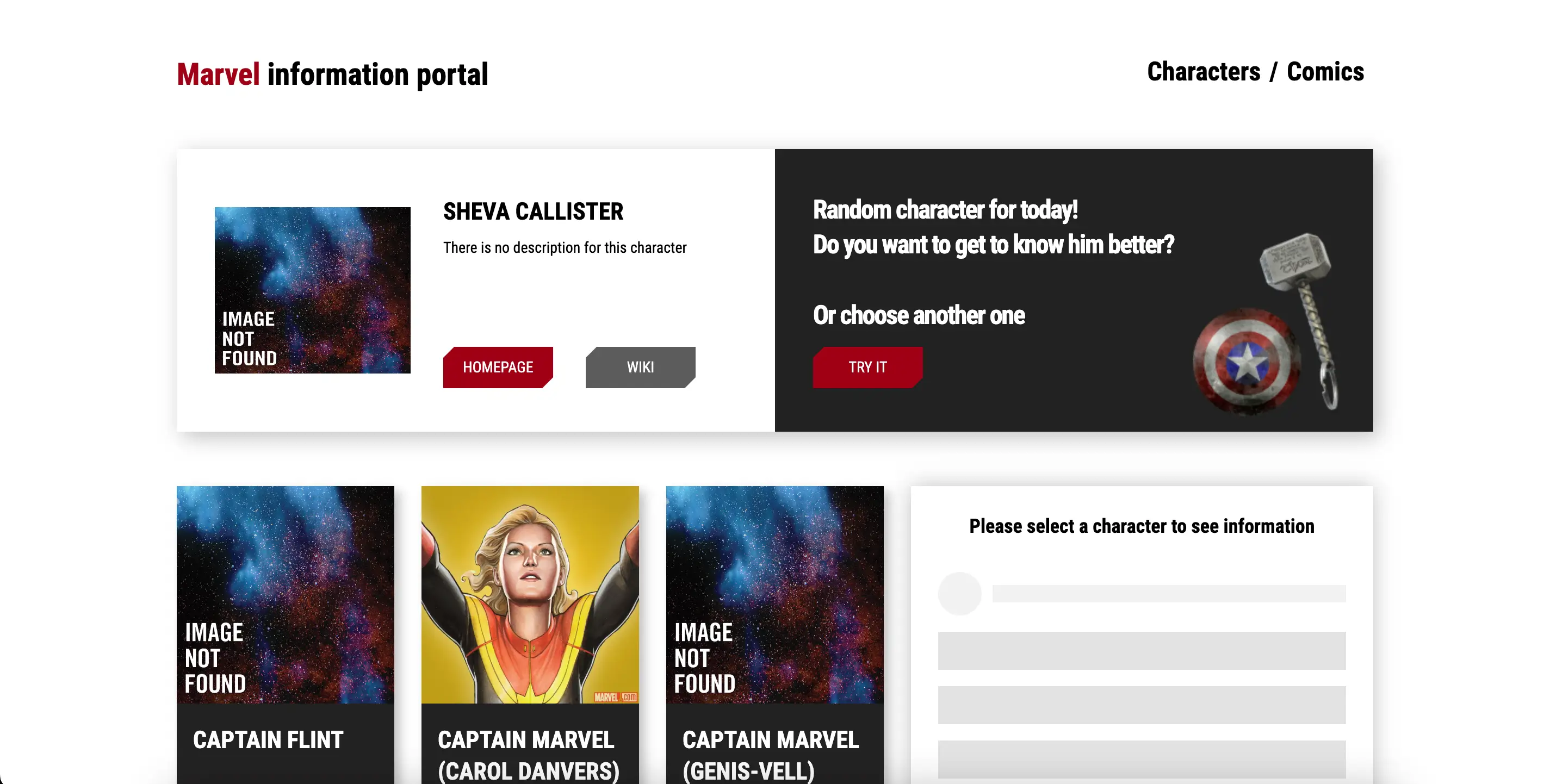 A homepage of Marvel Portal React application